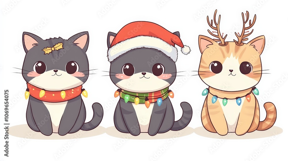 Three kittens sitting symmetrically in a row on a white background, each wearing festive accessories like Santa hats, neck scarves and antler headbands, creating a charming holiday scene with adorable