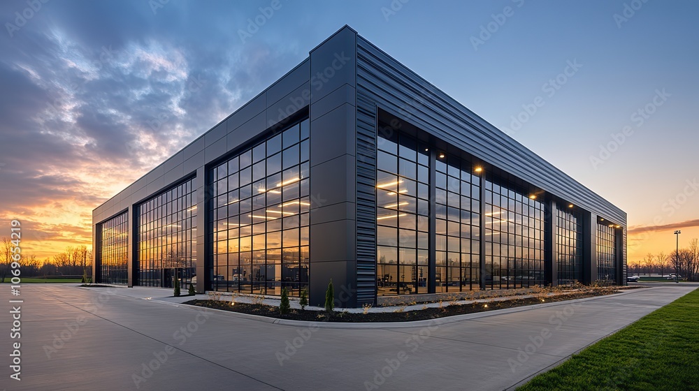 The exterior of a modern warehouse is shown with an office unit attached, providing a functional and clean design for businesses. The exterior of a modern warehouse is shown with an office unit attached, providing a functional and clean design for businesses.