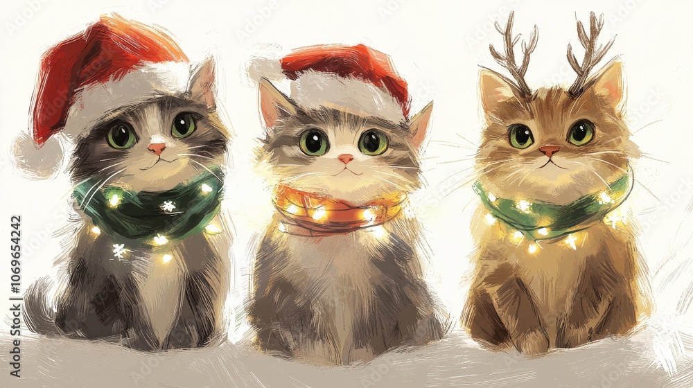 Three kittens sitting symmetrically in a row on a white background, each wearing festive accessories like Santa hats, neck scarves and antler headbands, creating a charming holiday scene with adorable Three kittens sitting symmetrically in a row on a white background, each wearing festive accessories like Santa hats, neck scarves and antler headbands, creating a charming holiday scene with adorable
