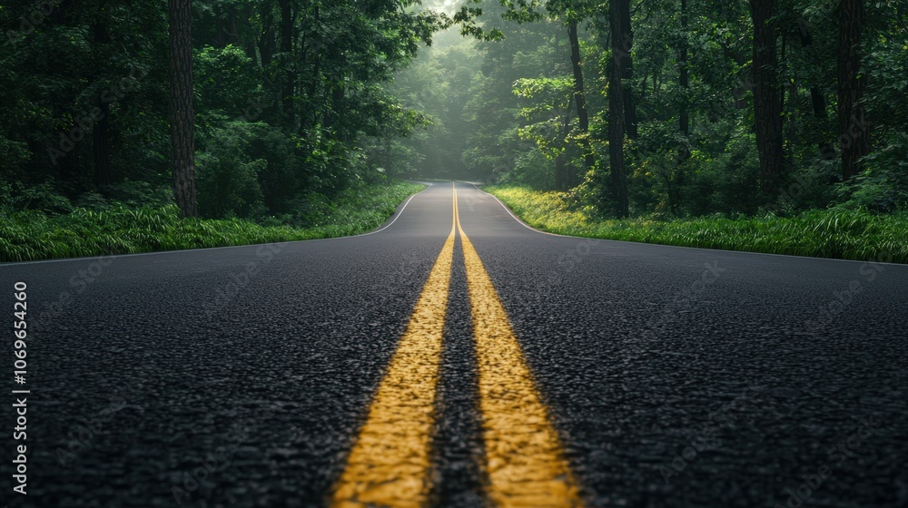 Empty Road Through Misty Forest with Yellow Lines Empty Road Through Misty Forest with Yellow Lines