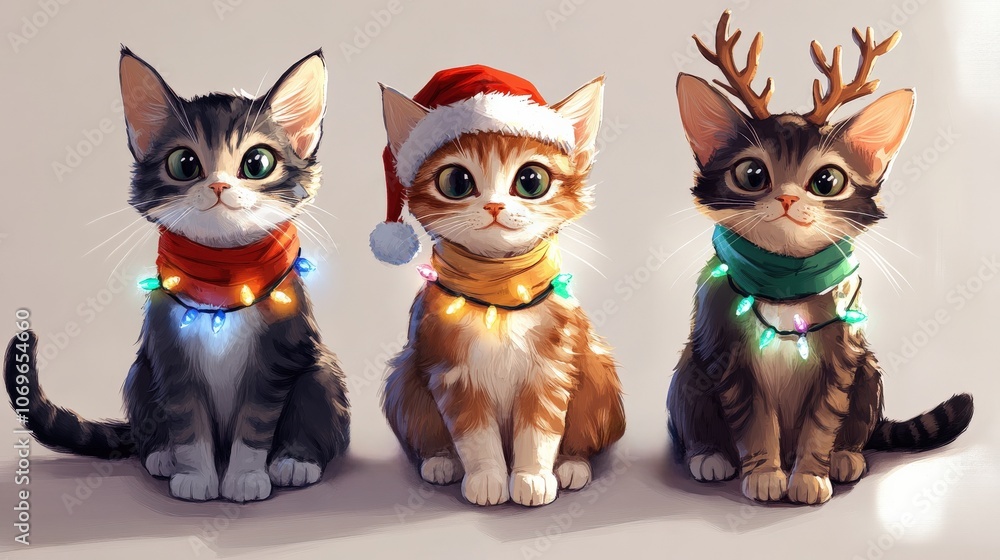 Three kittens sitting symmetrically in a row on a white background, each wearing festive accessories like Santa hats, neck scarves and antler headbands, creating a charming holiday scene with adorable Three kittens sitting symmetrically in a row on a white background, each wearing festive accessories like Santa hats, neck scarves and antler headbands, creating a charming holiday scene with adorable