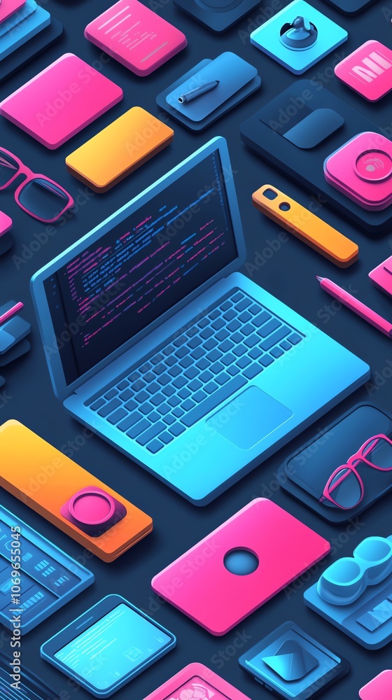 An isometric illustration of a laptop computer with code displayed on the screen surrounded by various tech gadgets. An isometric illustration of a laptop computer with code displayed on the screen surrounded by various tech gadgets.