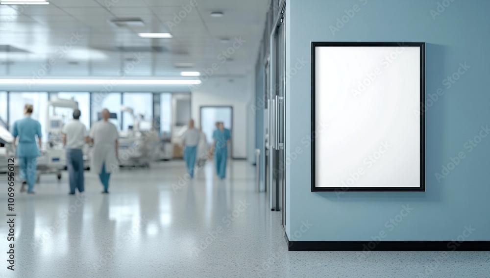 Blank advertising sign on a wall in a hospital hallway with doctors and nurses walking by. Blank advertising sign on a wall in a hospital hallway with doctors and nurses walking by.