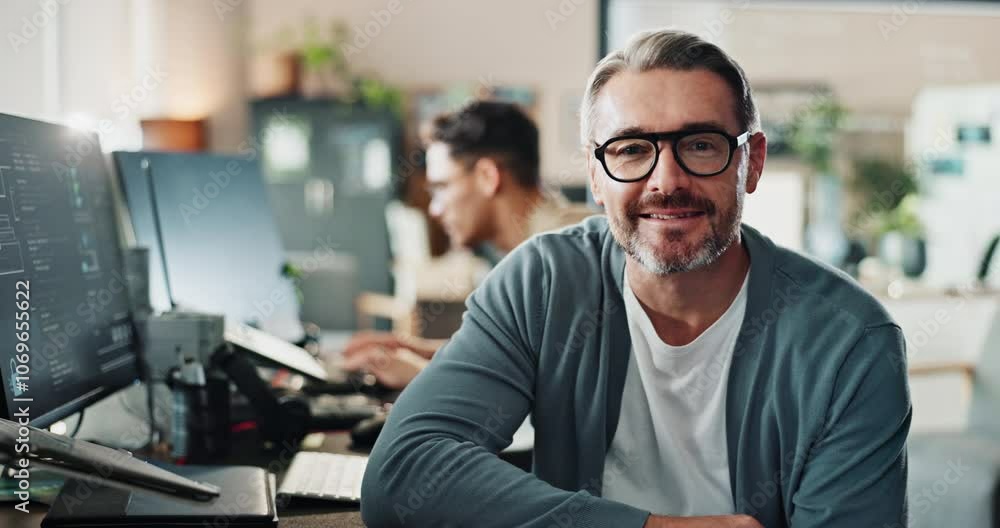 Business man, face and computer screen for coding, programming and software development with ux design. Programmer, tech and mature person in office for project management, research and cybersecurity Business man, face and computer screen for coding, programming and software development with ux design. Programmer, tech and mature person in office for project management, research and cybersecurity