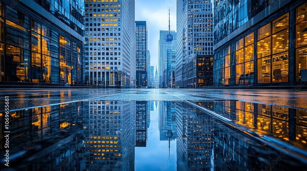 Fototapeta premium Cityscape Reflection in Puddle Modern Architecture Urban Landscape Wet Pavement
