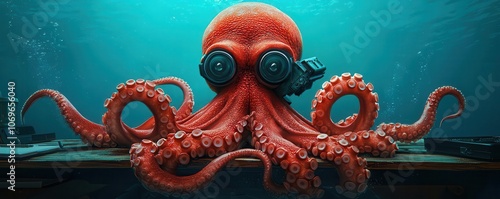 Octopus spy character with a variety of gadgets in its tentacles, hiding under a table in an underwater setting, eavesdropping on a conversation, 3D illustration
