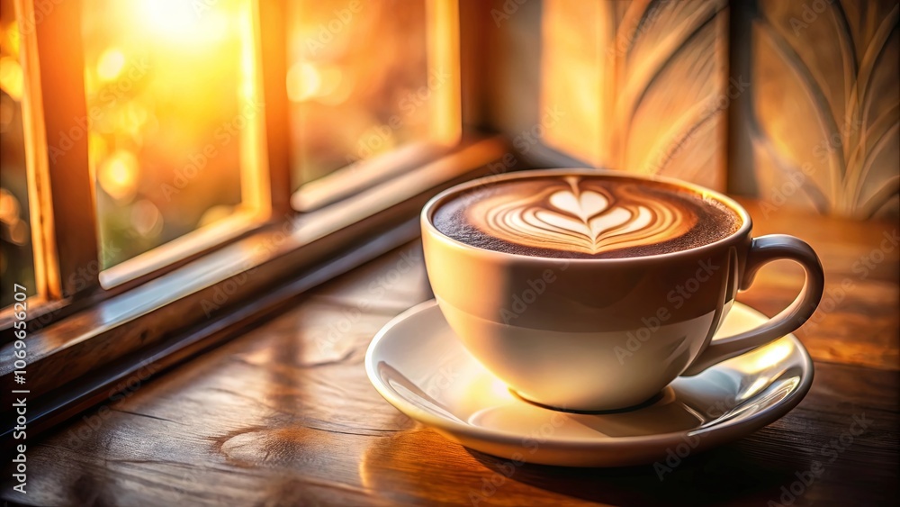 Obraz premium A cup of latte art illuminated by the golden rays of the morning sun, resting on a wooden table beside a window