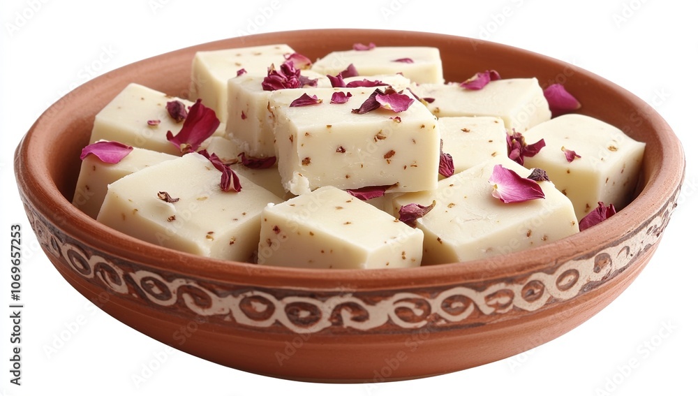 A bowl of white fudge topped with rose petals. A bowl of white fudge topped with rose petals.