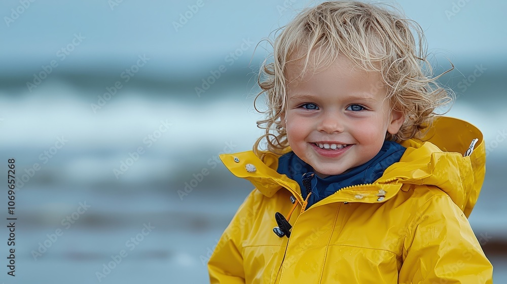 Happy Little Boy in Yellow Raincoat Smiling at Camera Happy Little Boy in Yellow Raincoat Smiling at Camera