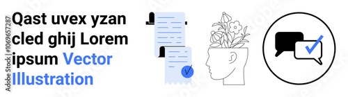 Featured elements are documents with a checkmark stamp, a head with blooming flowers, and a speech bubble with a checkmark. Ideal for creative thinking, approvals, mental health, productivity