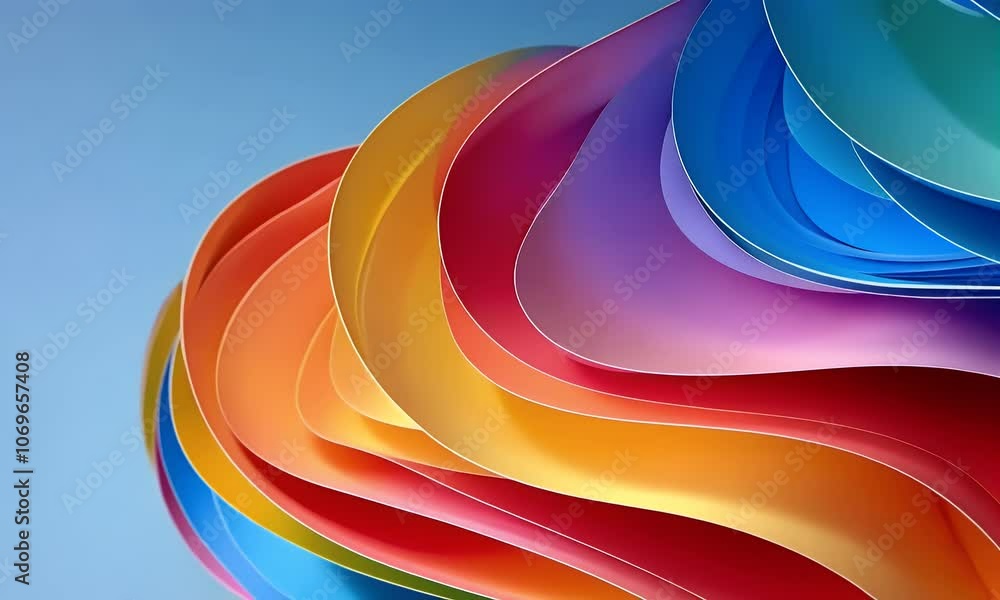 Colorful curved paper on a blue background, colorful rainbow colored swirls in the style of a gradient background, a closeup view in the minimalist style with simple and clean lines, high resolution, 