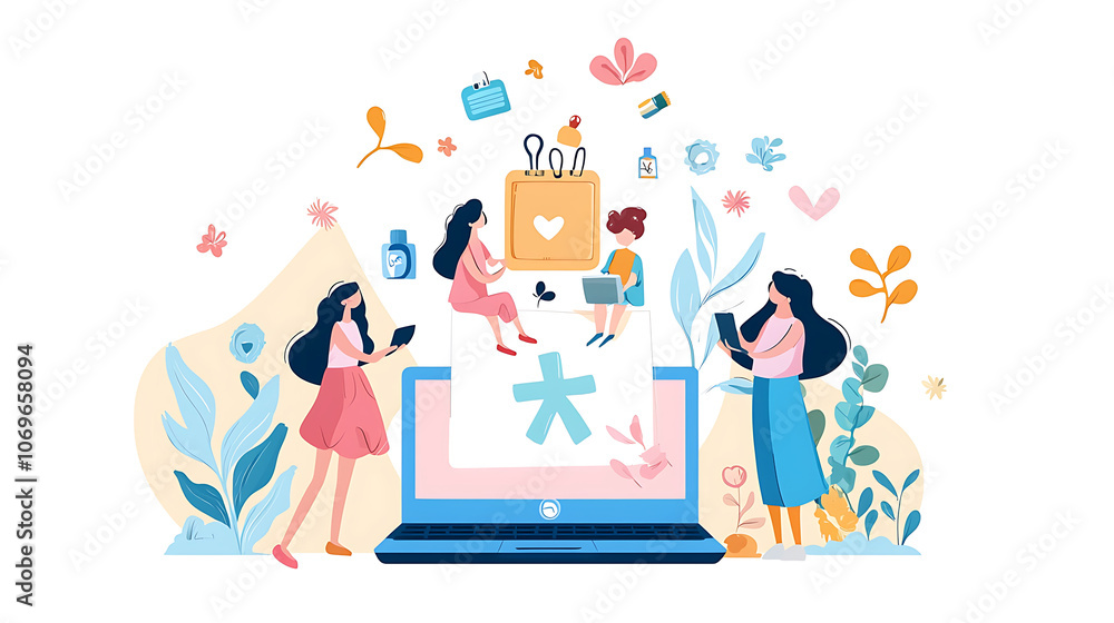 Women engaging with laptop, exploring health tips and wellness ideas, surrounded by vibrant illustrations of plants and health related icons, creating lively atmosphere Women engaging with laptop, exploring health tips and wellness ideas, surrounded by vibrant illustrations of plants and health related icons, creating lively atmosphere