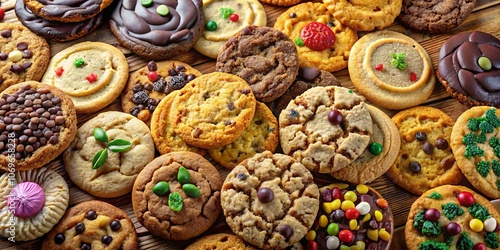 A Diverse Array of Delicious Cookies Decorated with Colorful Sprinkles, Nuts, and Confections, Creating a Festive and Tempting Visual Feast.