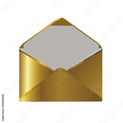 Shiny gold envelope open with a triangular flap, showcasing a luxurious and elegant design perfect for special occasions. Isolated on transparent background, png