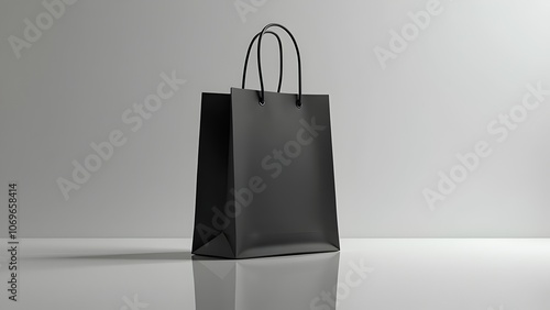 A single black paper shopping bag standing upright on a reflective white surface. minimalist design and dark color