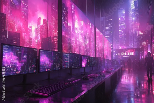 Futuristic Cyberpunk Cityscape Reflected in Monitors and Wet Floor