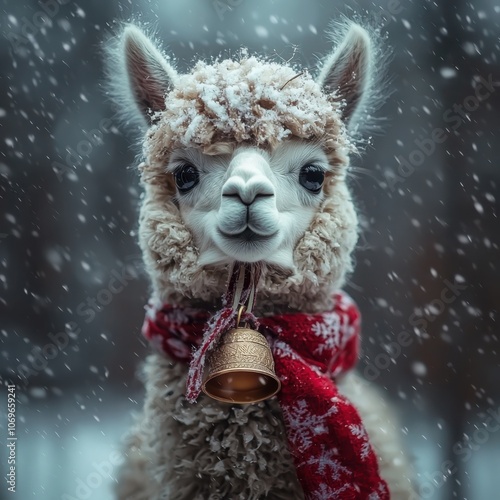 Adorable alpaca with a festive bell in a serene winter wonderland creating a charming holiday atmosphere