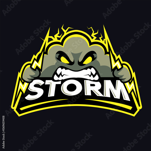 angry cloud holding lightning mascot logo