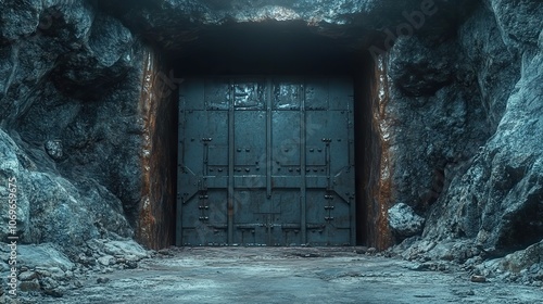 Underground bunker gate in 3D render with metal panels and rocky walls, leading to a tunnel.