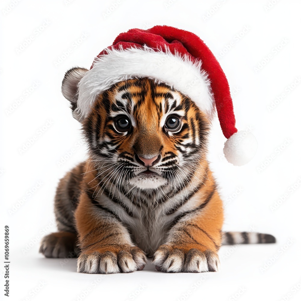 Adorable playful baby tiger in santa hat bringing holiday cheer with its vibrant orange fur Adorable playful baby tiger in santa hat bringing holiday cheer with its vibrant orange fur