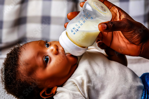 Ein Säugling bekommt sein Fläschchen mit Milch photo