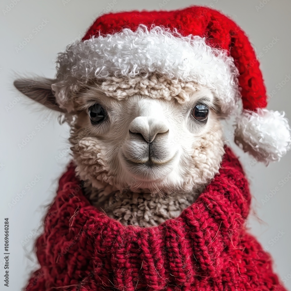 Adorable alpaca dressed in santa hat soft wool texture and realistic features captured in festive spirit Adorable alpaca dressed in santa hat soft wool texture and realistic features captured in festive spirit