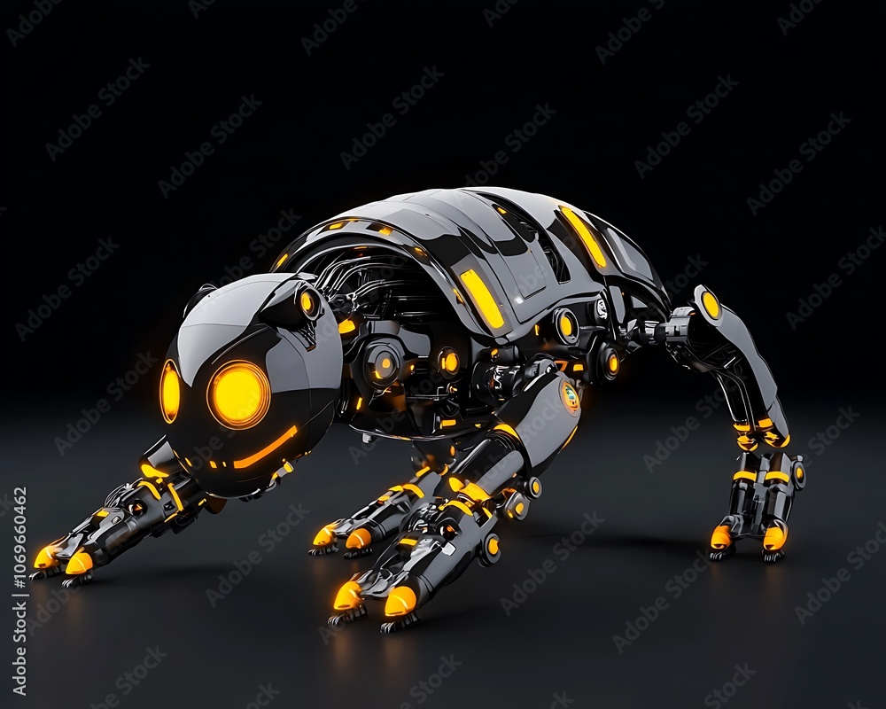 A robot with yellow eyes and orange limbs is shown on a black background