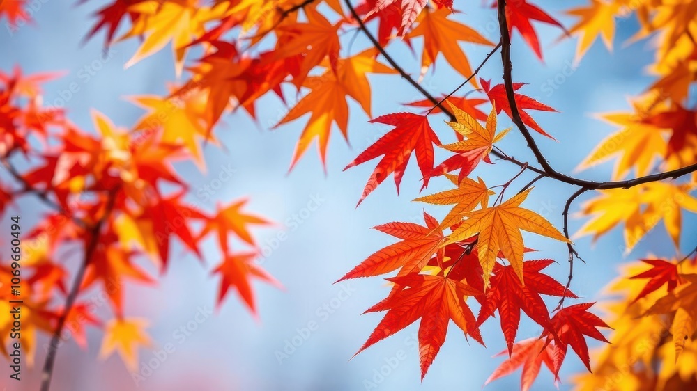 Vibrant autumn maple leaves hanging on a tree branch against a blue sky, bright, nature, colorful Vibrant autumn maple leaves hanging on a tree branch against a blue sky, bright, nature, colorful