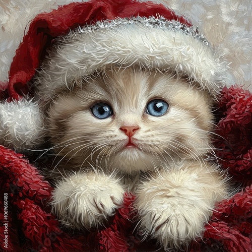 Adorable ragamuffin kitten with fluffy coat and santa hat surrounded by silver tri decor for a festive holiday vibe photo