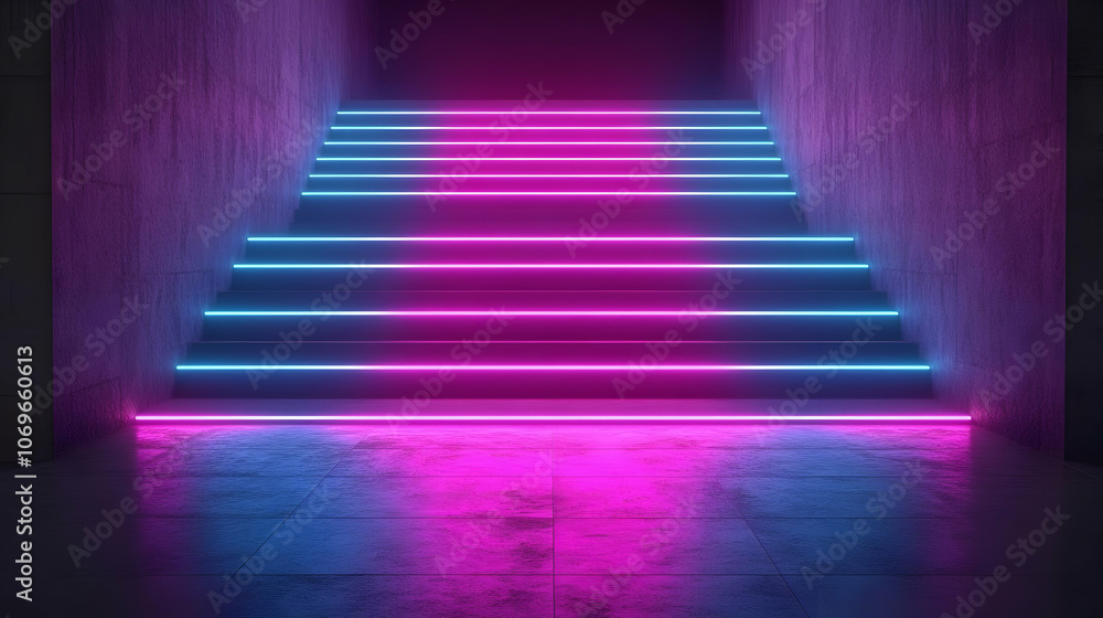 Obraz premium Neon Glow Staircase 3D Illustration