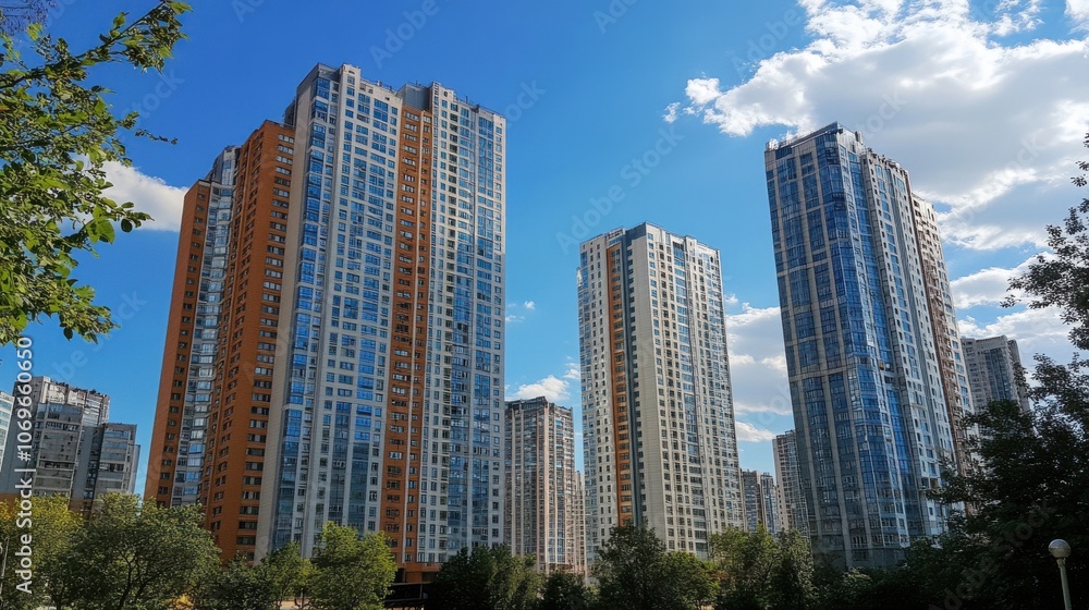 Tall skyscrapers dominate the skyline, reaching toward a bright blue sky adorned with fluffy white clouds. The urban landscape showcases modern architecture and vibrant life below. Tall skyscrapers dominate the skyline, reaching toward a bright blue sky adorned with fluffy white clouds. The urban landscape showcases modern architecture and vibrant life below.