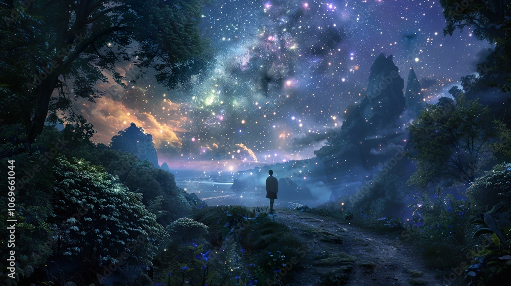 A Dreamy Night Sky Landscape with a Silhouette of a Person Standing on a Path A Dreamy Night Sky Landscape with a Silhouette of a Person Standing on a Path