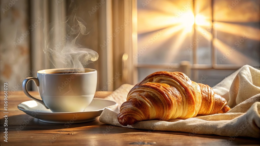 Morning Light Illuminates a Steaming Cup of Coffee and a Freshly Baked Croissant on a Rustic Wooden Table Morning Light Illuminates a Steaming Cup of Coffee and a Freshly Baked Croissant on a Rustic Wooden Table