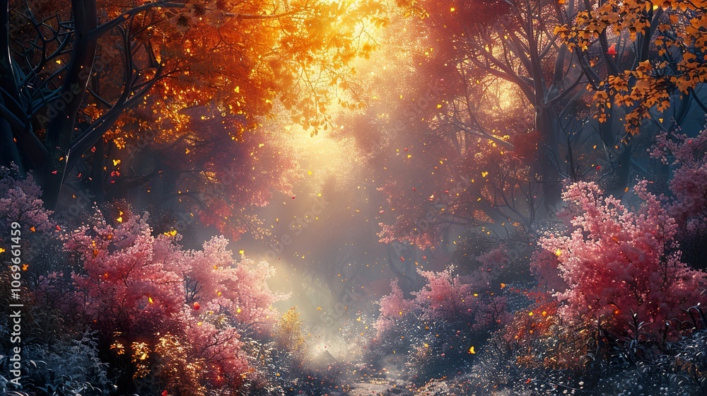 Enchanted Forest Path: Golden Light and Pink Blossoms Enchanted Forest Path: Golden Light and Pink Blossoms