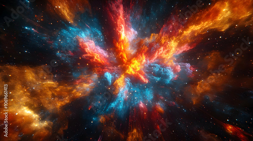 Abstract Background of Cosmic Nebula with Red, Orange, and Blue Colors