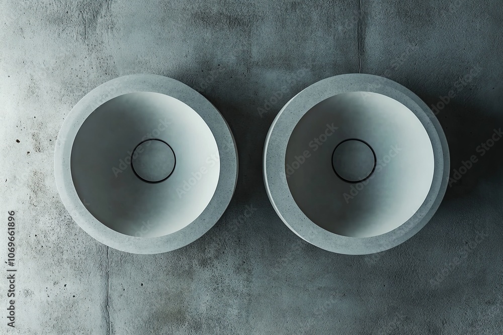 Two minimalist concrete sinks set against a textured concrete background. Two minimalist concrete sinks set against a textured concrete background.