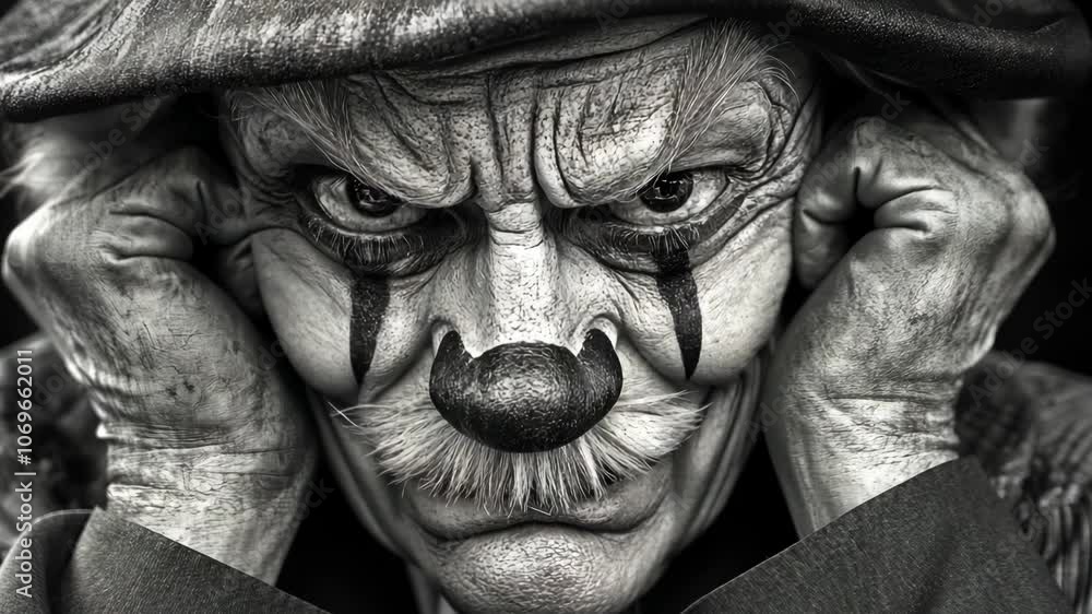 A man in clown makeup stares intently at the camera, his hands clasped over his ears A man in clown makeup stares intently at the camera, his hands clasped over his ears
