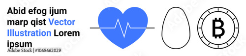 Heart with ECG line, egg shape, Bitcoin symbol, sample text in black and blue. Ideal for health, minimalism, cryptocurrency, finance, medical, digital currency, web design. Landing page