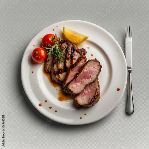 a steak and a fork are on a plate with a knife and fork.