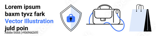 Secure shield with padlock symbol, leather briefcase with strap, and two shopping bags. Ideal for business, safety, ecommerce, retail, security, shopping, and merchandising concepts. Landing page