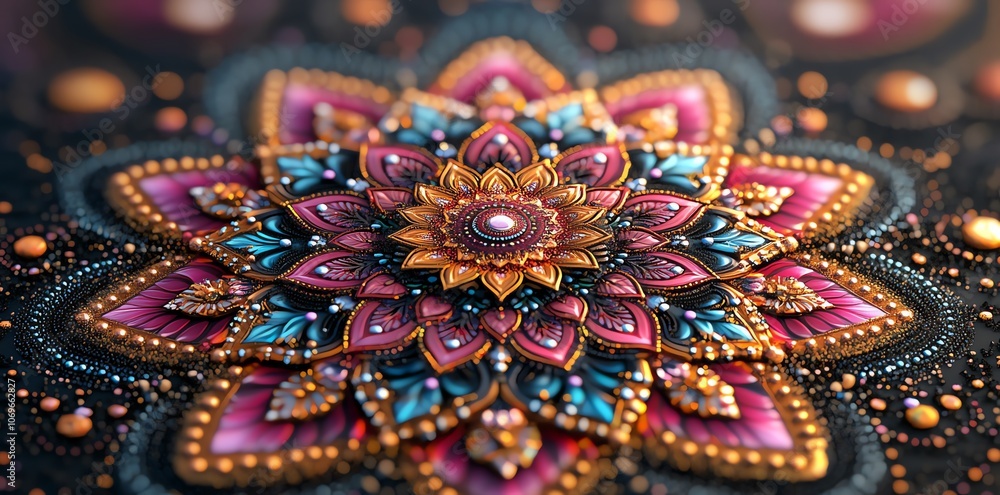 Closeup of a vibrant, intricately designed mandala with colorful petals, intricate details, and a golden center. Closeup of a vibrant, intricately designed mandala with colorful petals, intricate details, and a golden center.