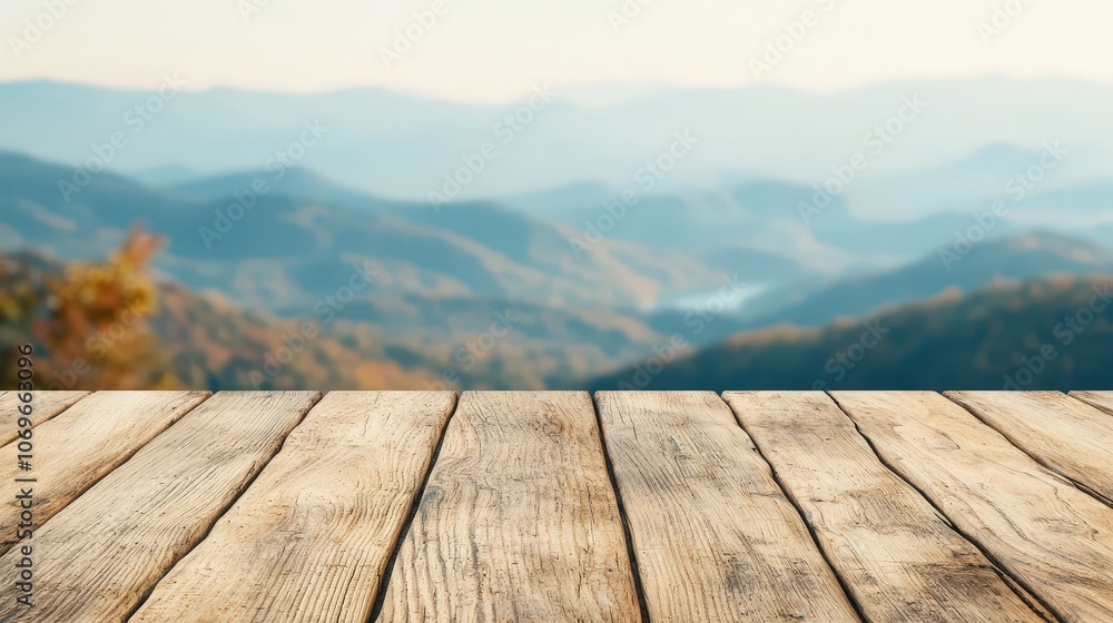 Rustic Wooden Tabletop with Blurred Autumn Mountain Landscape Background Rustic Wooden Tabletop with Blurred Autumn Mountain Landscape Background