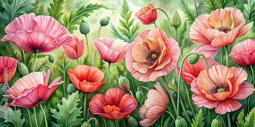 Wallpaper Mural A vibrant watercolor painting of delicate pink poppy blossoms nestled amongst lush green foliage, showcasing the intricate details of each petal and the delicate beauty of nature's artistry. Torontodigital.ca