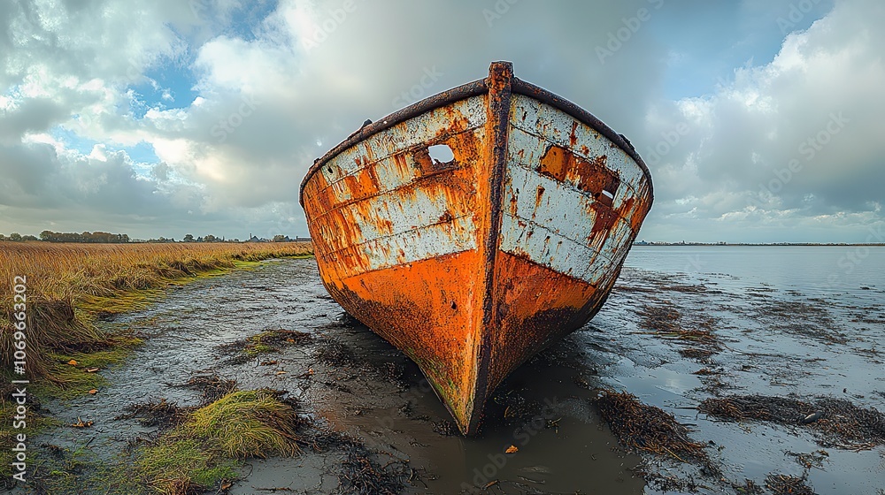 Wide-angle view of an abandoned rust-covered iron ship resting on the shore near a lake. Wide-angle view of an abandoned rust-covered iron ship resting on the shore near a lake.