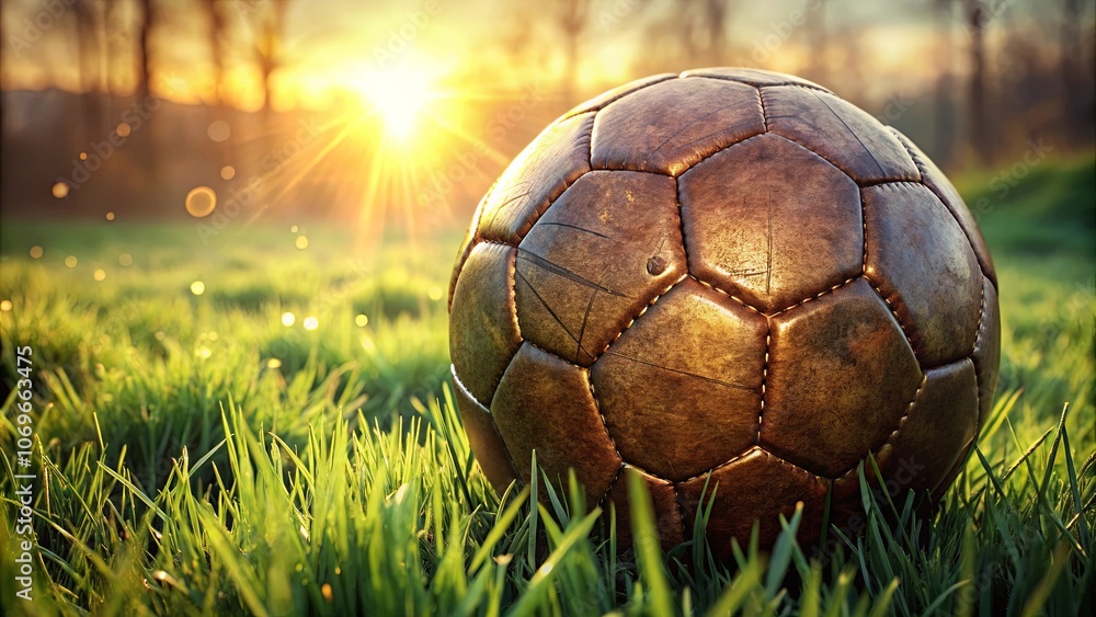 Fototapeta premium A Worn Leather Soccer Ball Rests in the Golden Glow of a Sunset on a Lush Green Field