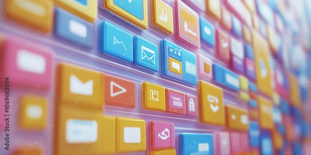 Colorful app icons on a futuristic wall. Colorful app icons on a futuristic wall.