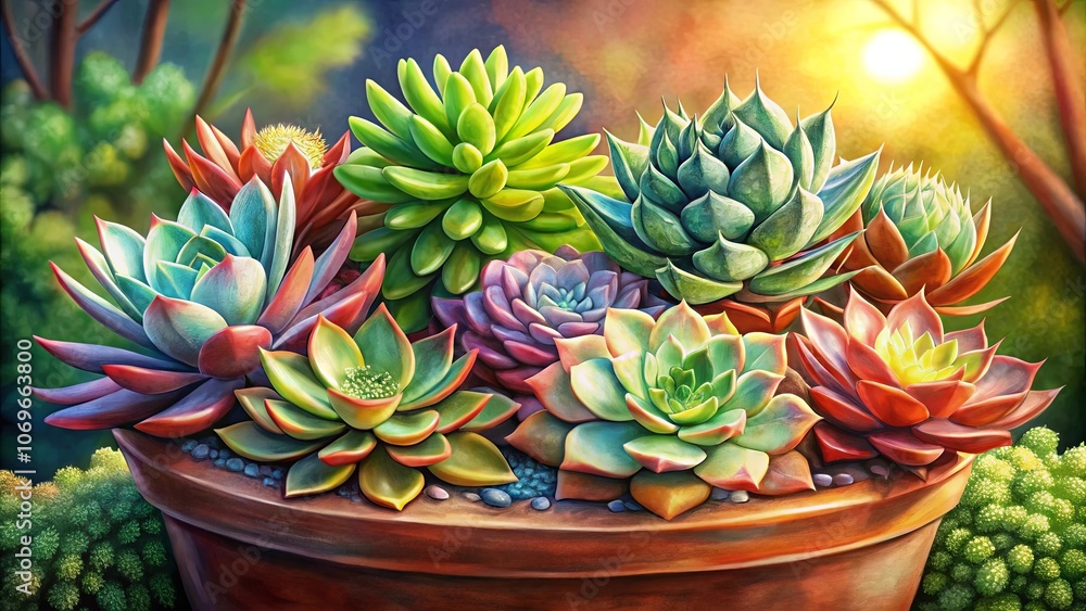 A vibrant display of succulent plants, showcasing diverse colors and textures in a terracotta pot, bathed in warm sunlight. A vibrant display of succulent plants, showcasing diverse colors and textures in a terracotta pot, bathed in warm sunlight.