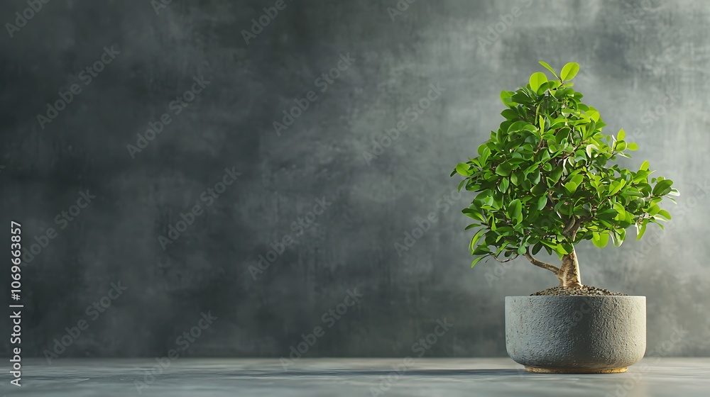 A small potted plant sits on a grey wall A small potted plant sits on a grey wall