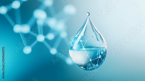 Blue water drop and molecules