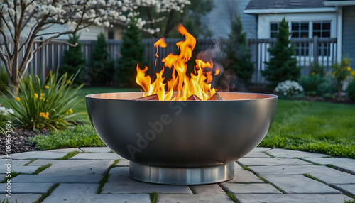 Smokeless stainless steel fire pit in a residential backyard in the spring highlighted by white, png photo